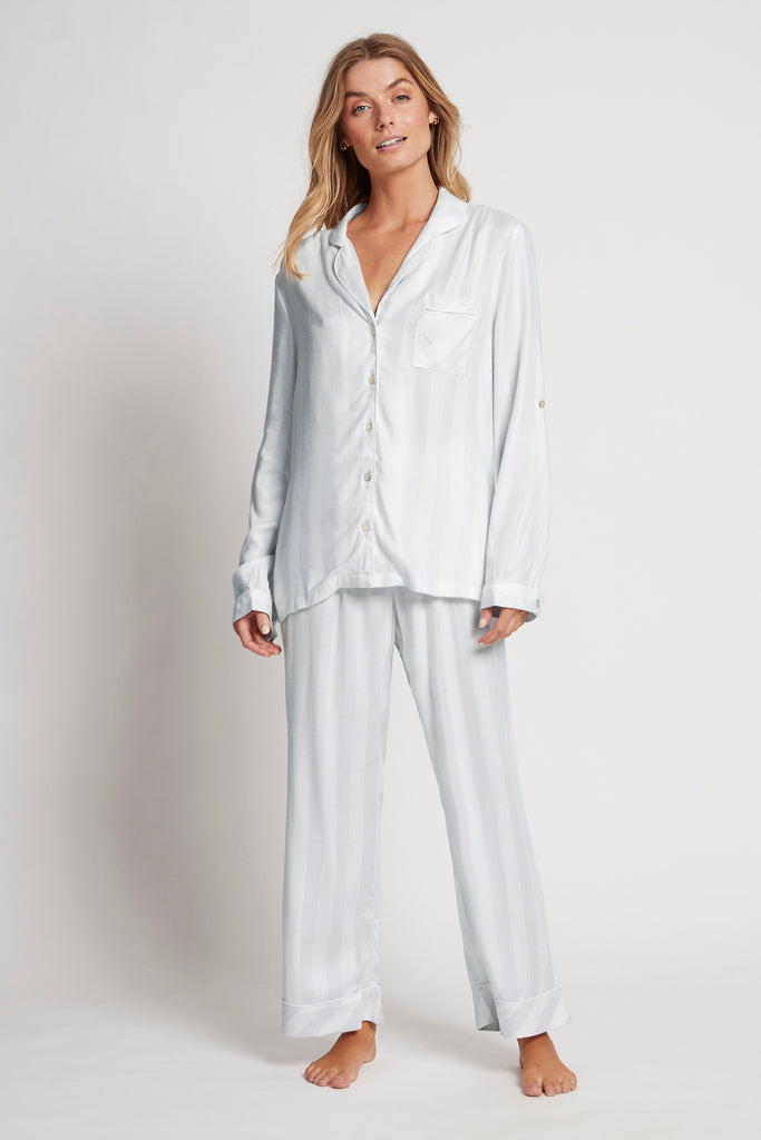 Ardelia Flannel Cosy Lounge Pyjama Set  Eggshell Blue Stripe | Homebodii
