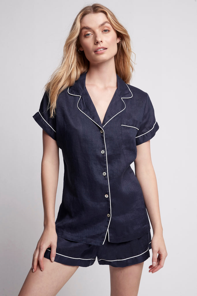 Linen Short Womens Personalised Pyjama Set Navy | Homebodii