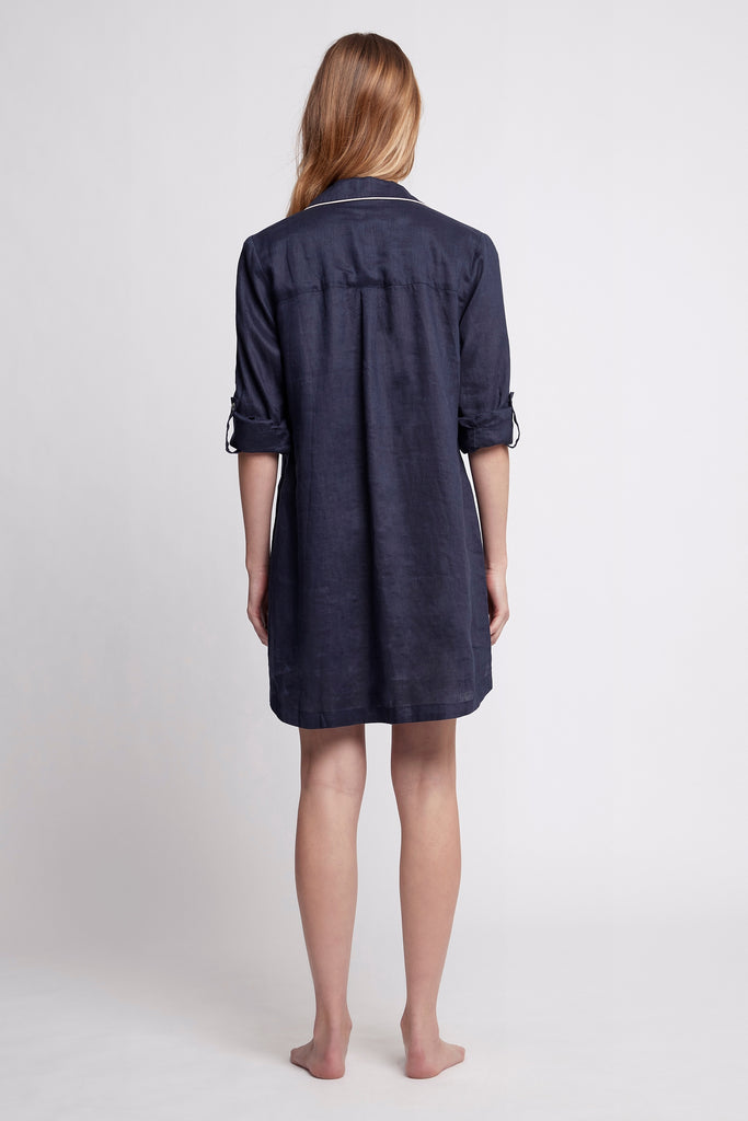 Linen Womens Personalised Sleep Shirt Navy With Blush Piping | Homebodii