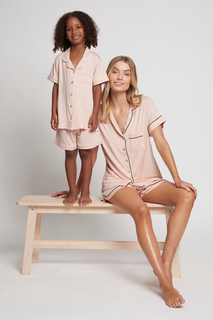 Petra Modal Kids Pyjama Set Blush with White Piping | Homebodii