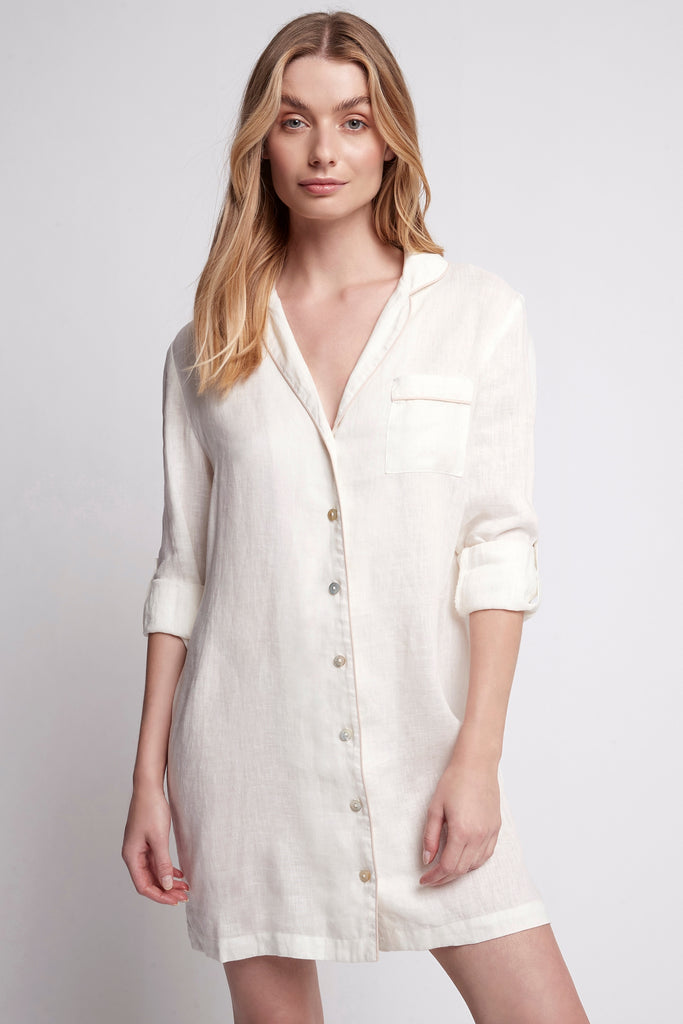 Linen Womens Personalised Sleep Shirt White With Blush Piping | Homebodii