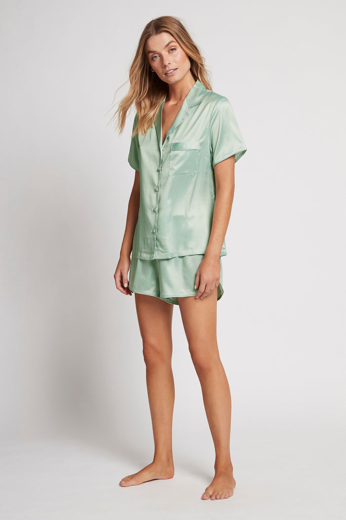 Toni Short Sleeve Personalised Satin Womens Pyjamas  Sage | Homebodii