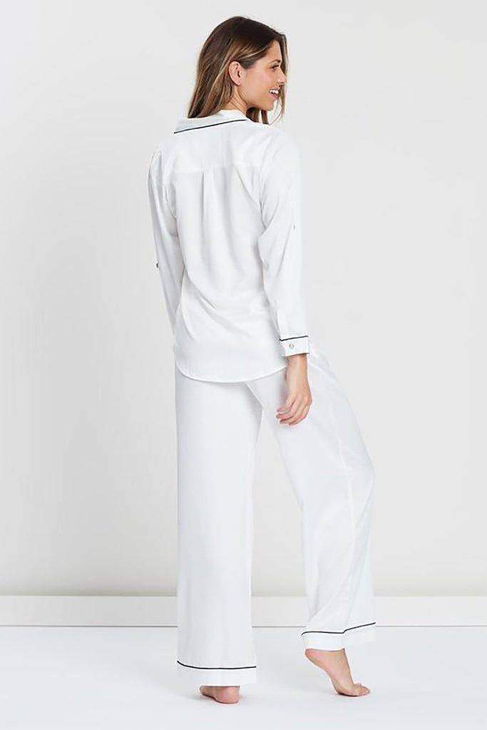 Sabrina Womens Personalised Satin Long Pyjama Set  White With Black Piping | Homebodii