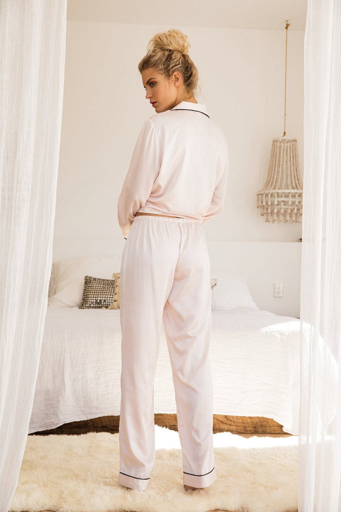 Sabrina Womens Personalised Satin Long Pyjama Set  Blush With Black Piping | Homebodii