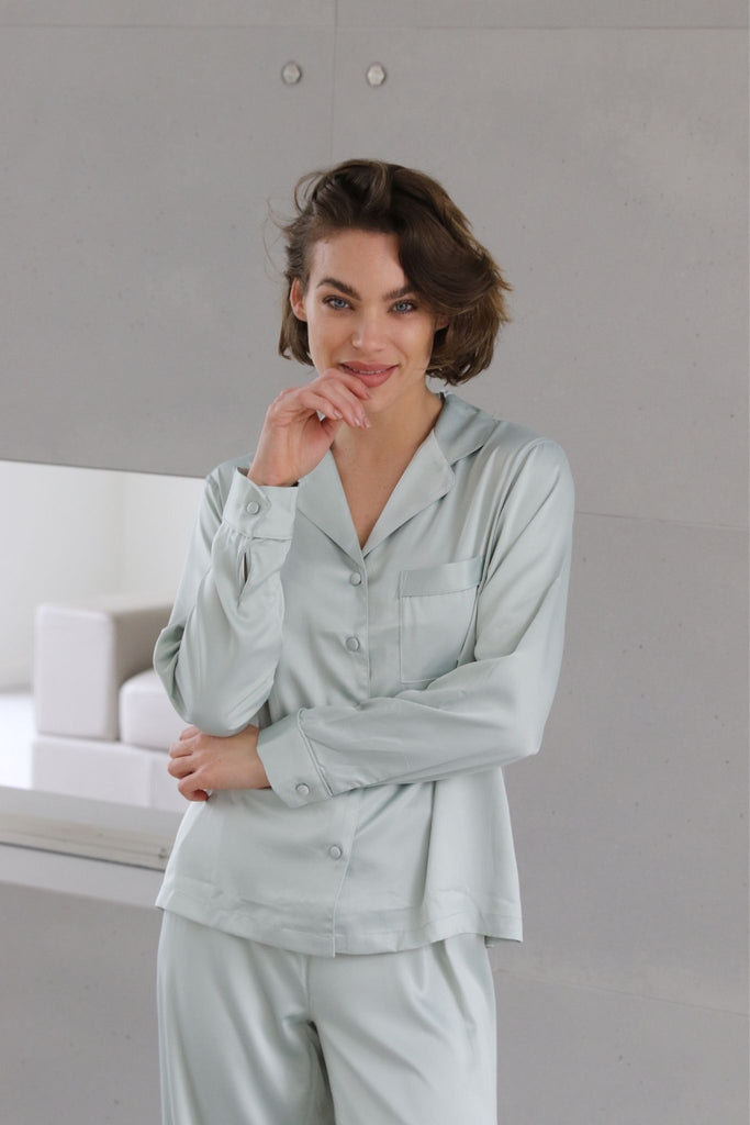 Toni Womens Personalised  Satin Pyjama Lounge Set  Sage | Homebodii