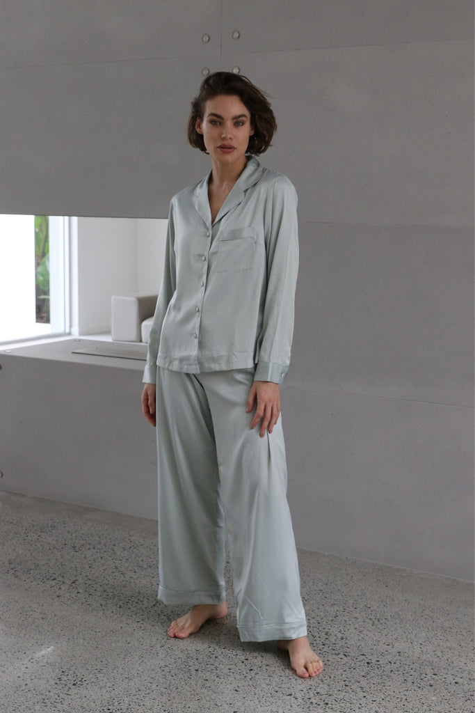 Toni Womens Personalised  Satin Pyjama Lounge Set  Sage | Homebodii