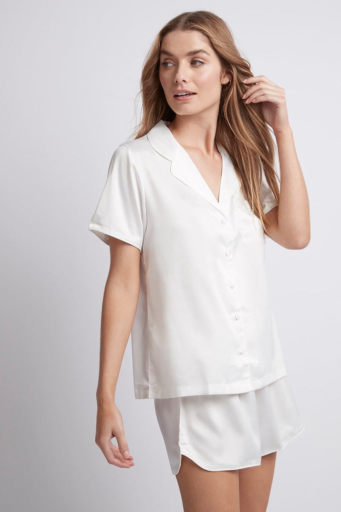 Toni Short Sleeve Personalised Satin Womens Pyjama  White | Homebodii