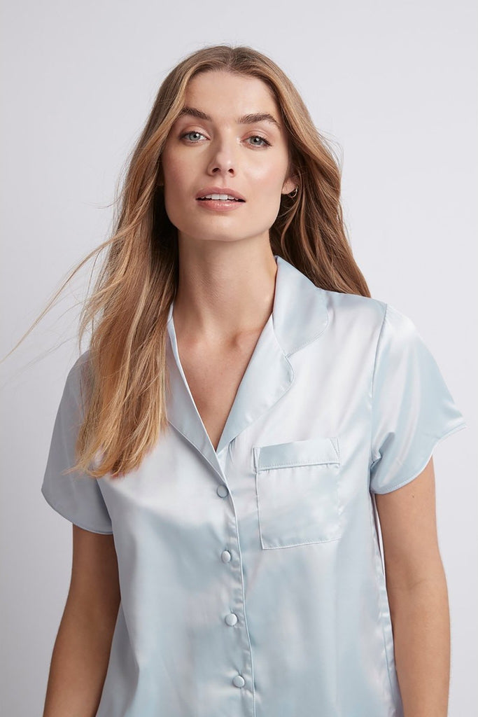 Toni Short Sleeve Personalised Satin Womens Pyjamas  Eggshell Blue | Homebodii