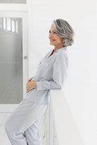 Eva Long Tencel™ Womens Personalised Pyjama Set  Eggshell Blue With White Piping | Homebodii