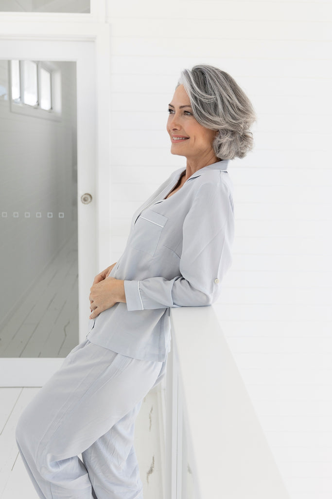 Eva Long Tencel™ Womens Personalised Pyjama Set  Eggshell Blue With White Piping | Homebodii