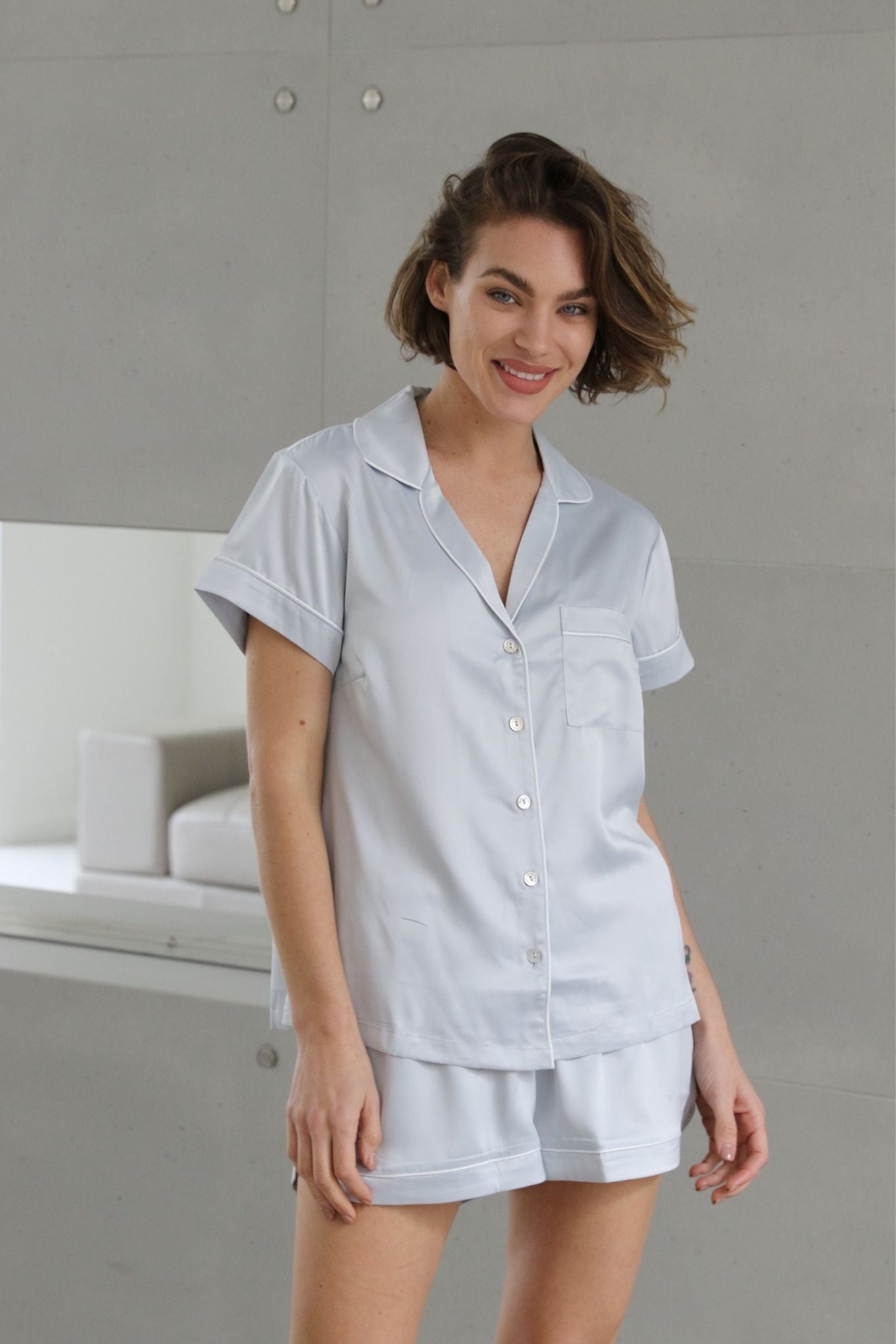 Grace Short Satin Personalised Pyjama set with  Eggshell Blue With White Piping | Homebodii