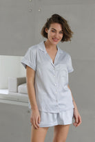 Grace Short Satin Personalised Pyjama set with  Eggshell Blue With White Piping | Homebodii