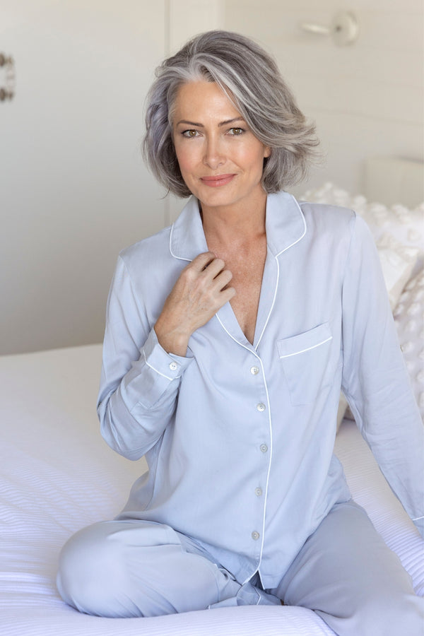 Eva Long Tencel™ Womens Personalised Pyjama Set  Eggshell Blue With White Piping | Homebodii